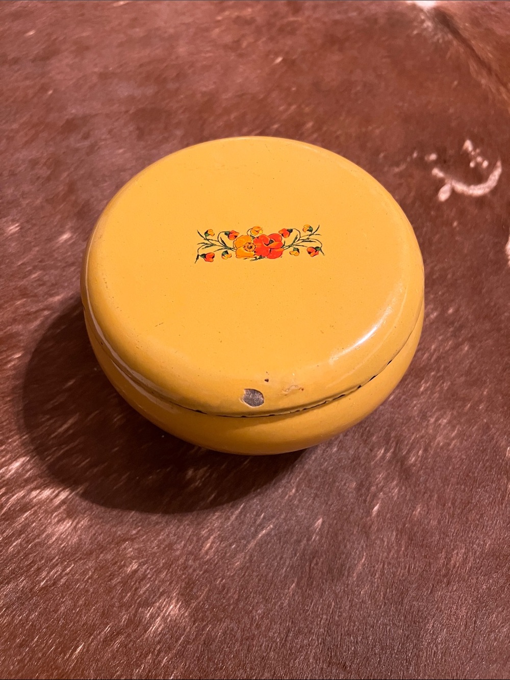 Vintage Yellow Enameled Cast Iron Mini Cauldron Pot with Lid